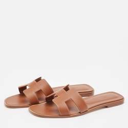 Pre Owned Hermes Brown Leather Oran Flat Slides Size 42