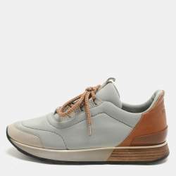 Hermes Grey Leather and Neoprene Miles Lace Up Sneakers Size 38