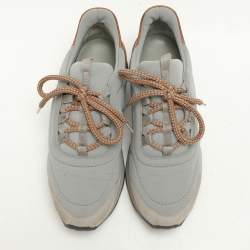 Hermes Grey Leather and Neoprene Miles Lace Up Sneakers Size 38