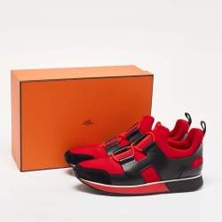 Hermes Red/Black Leather and Fabric Player Slip On Sneakers Size 39.5