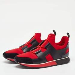 Hermes Red/Black Leather and Fabric Player Slip On Sneakers Size 39.5