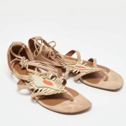 Hermes Beige Suede Coquillage Caged Flat Sandals Size 37.5