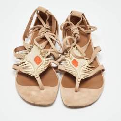 Hermes Beige Suede Coquillage Caged Flat Sandals Size 37.5