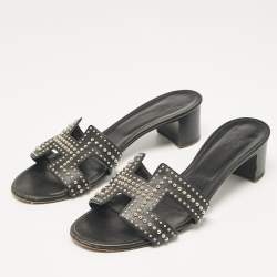 Hermes Black Studded Leather Oasis Sandals Size 40