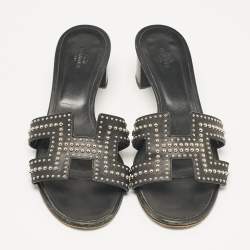 Hermes Black Studded Leather Oasis Sandals Size 40