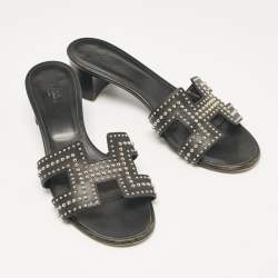 Hermes Black Studded Leather Oasis Sandals Size 40