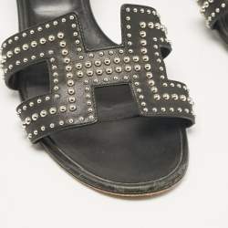 Hermes Black Studded Leather Oasis Sandals Size 40