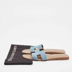 Pre Owned Hermes Blue Denim Oran Flat Slides Size 40.5