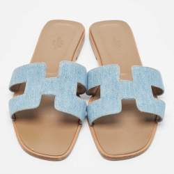 Pre Owned Hermes Blue Denim Oran Flat Slides Size 40.5