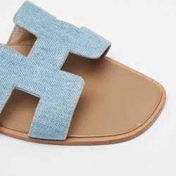 Pre Owned Hermes Blue Denim Oran Flat Slides Size 40.5