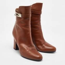 Hermes Brown Leather Joueuse Block Heel Ankle Length Boots Size 37