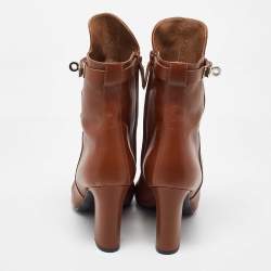 Hermes Brown Leather Joueuse Block Heel Ankle Length Boots Size 37