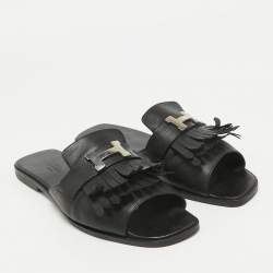 Pre Owned Hermes Black Leather Auteuil Flat Slide Sandals Size 40