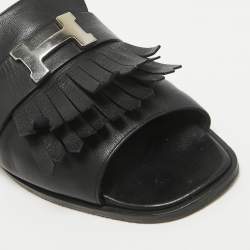 Pre Owned Hermes Black Leather Auteuil Flat Slide Sandals Size 40