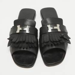 Pre Owned Hermes Black Leather Auteuil Flat Slide Sandals Size 40