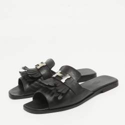 Pre Owned Hermes Black Leather Auteuil Flat Slide Sandals Size 40