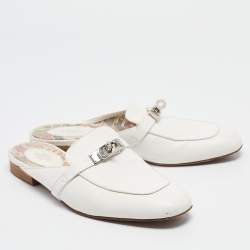 Hermes White Leather Oz Flat Mules Size 37