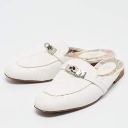 Hermes White Leather Oz Flat Mules Size 37