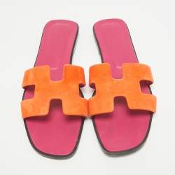 Hermes Orange Suede Oran Flat Slides Size 41.5