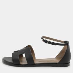 Hermes Black Leather Santorini Flat Sandals Size 39