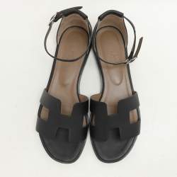 Hermes Black Leather Santorini Flat Sandals Size 39