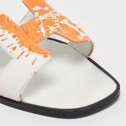 Pre Owned Hermes Orange/White Leather Peinture Fraîche Oran Flat Sandals Size 40