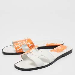 Pre Owned Hermes Orange/White Leather Peinture Fraîche Oran Flat Sandals Size 40