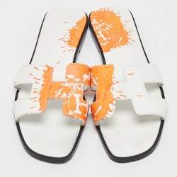 Pre Owned Hermes Orange/White Leather Peinture Fraîche Oran Flat Sandals Size 40