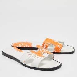 Pre Owned Hermes Orange/White Leather Peinture Fraîche Oran Flat Sandals Size 40