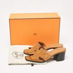 Pre Owned Hermes Brown Suede Helia Slide Sandals Size 37