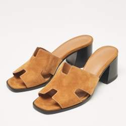 Pre Owned Hermes Brown Suede Helia Slide Sandals Size 37