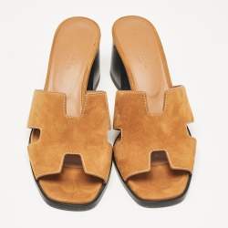 Pre Owned Hermes Brown Suede Helia Slide Sandals Size 37