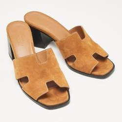 Pre Owned Hermes Brown Suede Helia Slide Sandals Size 37