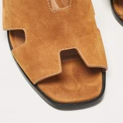 Pre Owned Hermes Brown Suede Helia Slide Sandals Size 37
