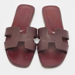 Pre Owned Hermes Burgundy Leather Oran Flat Slides Size 37