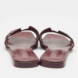 Pre Owned Hermes Burgundy Leather Oran Flat Slides Size 37