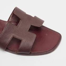 Pre Owned Hermes Burgundy Leather Oran Flat Slides Size 37