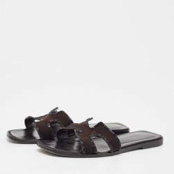 Pre Owned Hermes Black Suede Crystal Embellished Trim Oran Flat Slides Size 38