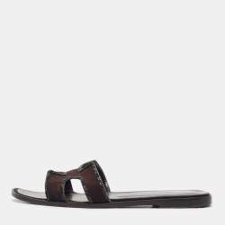 Pre Owned Hermes Black Suede Crystal Embellished Trim Oran Flat Slides Size 38