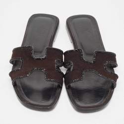 Pre Owned Hermes Black Suede Crystal Embellished Trim Oran Flat Slides Size 38