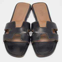 Hermes Black Leather Oran Flat Slides Size 40.5