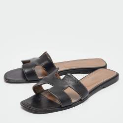 Hermes Black Leather Oran Flat Slides Size 40.5