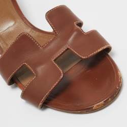 Hermes Brown Leather Oasis Block Heel Slide Sandals Size 41