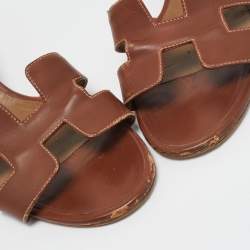Hermes Brown Leather Oasis Block Heel Slide Sandals Size 41