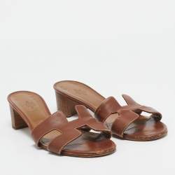 Hermes Brown Leather Oasis Block Heel Slide Sandals Size 41