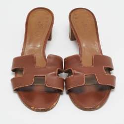 Hermes Brown Leather Oasis Block Heel Slide Sandals Size 41