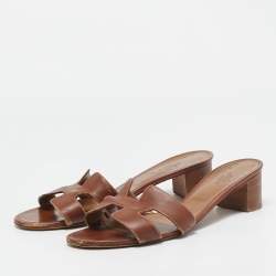 Hermes Brown Leather Oasis Block Heel Slide Sandals Size 41