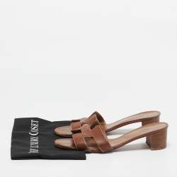 Hermes Brown Leather Oasis Block Heel Slide Sandals Size 41