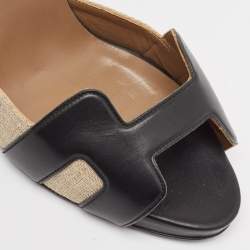 Hermes Black/Beige Canvas and Leather Premiere 70 Ankle Strap Sandals Size 39