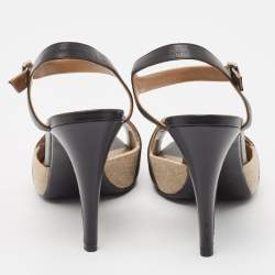 Hermes Black/Beige Canvas and Leather Premiere 70 Ankle Strap Sandals Size 39